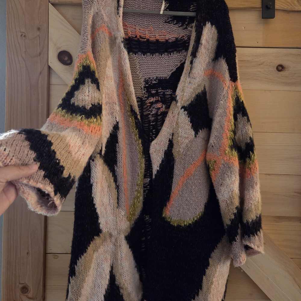 Free People Black and Pink Geometric Cardigan